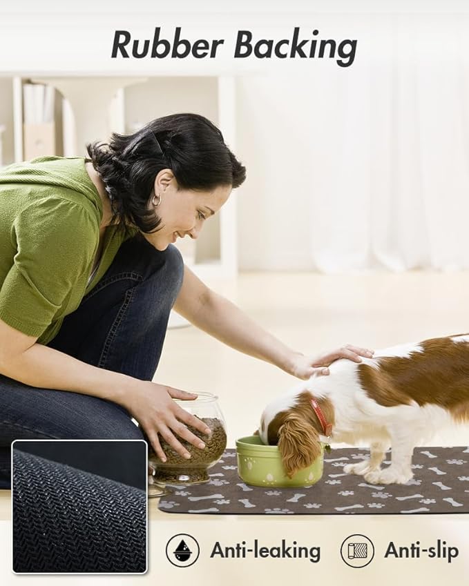 MontVoo Dog Food Mat-Pet Feeding Mat for Food and Water-No Stains Quick Dry Dispenser Cat Bowl Mat for Messy Drinkers(17"x28" Brown)