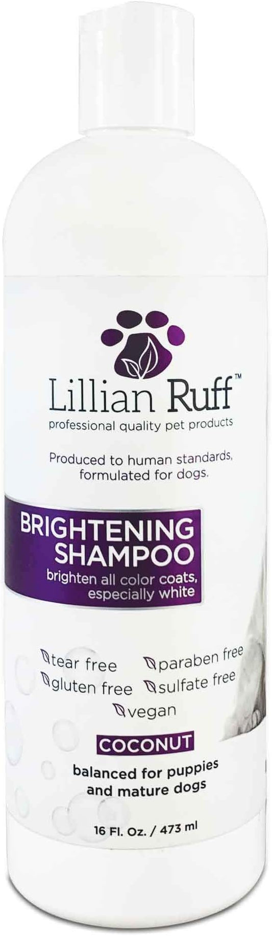 Lillian Ruff PRO Formula Ultra Brightening Dog Shampoo - Professional Whitening & Long-Lasting Odor Eliminator - Removes Stains & Discoloration, Dry Skin & Itch Relief with Aloe & Provitamin B5 (16oz)