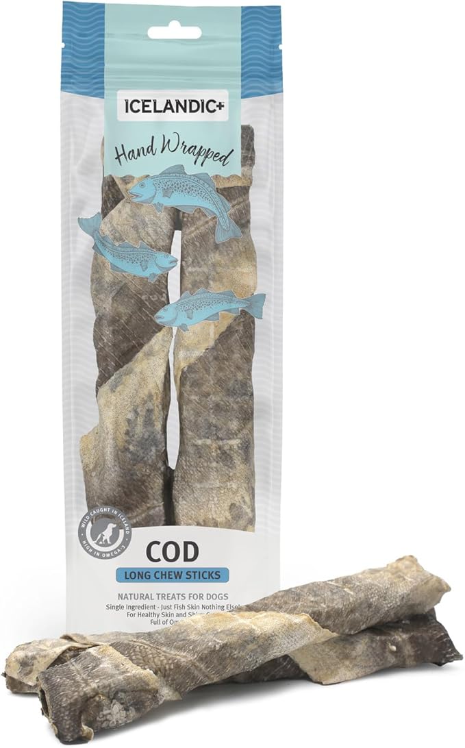Icelandic+ Long Chew Sticks: Cod Skin - 2Piece 10" Hand Wrapped Dog Treats, 3.2oz, Wild- Caught, Air-Dried Single Ingredient Pet Snacks, Just The Fish