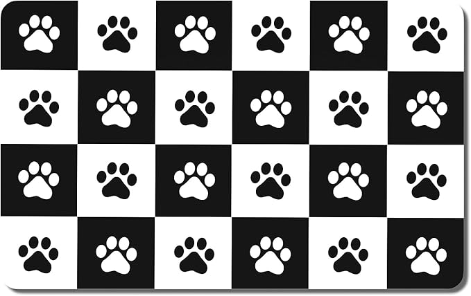 Rnivvi Dog Food Mat, 12" x 19" Footprint Absorbent Dog Cat Bowl Mat for Food and Water, Cute Anti-Slip Rubber Pet Feeding Rug Protect Floors, Puppy Placemat for Feeding & Watering Supplies,Black White