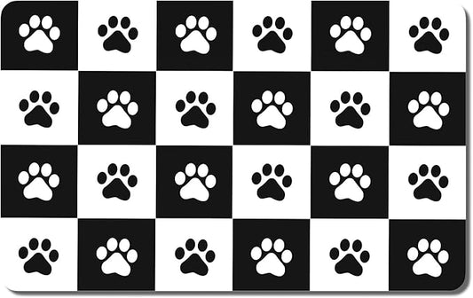 Rnivvi Dog Food Mat, 12" x 19" Footprint Absorbent Dog Cat Bowl Mat for Food and Water, Cute Anti-Slip Rubber Pet Feeding Rug Protect Floors, Puppy Placemat for Feeding & Watering Supplies,Black White