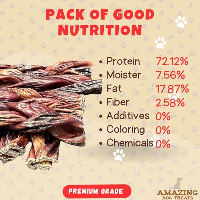 Amazing Dog Treats - 6 Inch Braided Beef Esophagus Sticks (4 Pc/Pack) - Braided Gullet Sticks Dog Chews