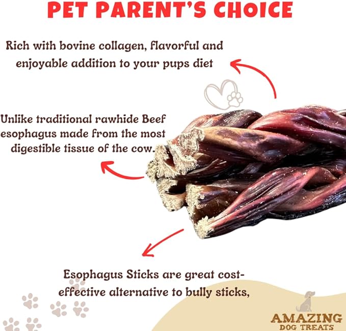 Amazing Dog Treats - 6 Inch Braided Beef Esophagus Sticks (4 Pc/Pack) - Braided Gullet Sticks Dog Chews