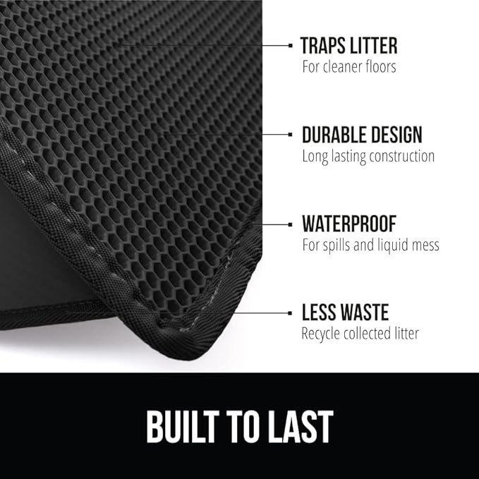 GORILLA GRIP Honeycomb Cat Litter Box Mat, Two Layer Trapping Waste Mats, Soft On Paws, Litter Box Supplies and Essentials for Indoor Cats, Traps Excess, Water Resistant for Floors, 24x15 Black