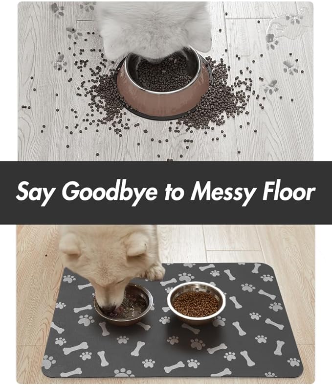 MontVoo Dog Food Mat-Pet Feeding Mat for Food and Water-No Stains Quick Dry Dispenser Cat Bowl Mat for Messy Drinkers(14"x22" Dark Grey)