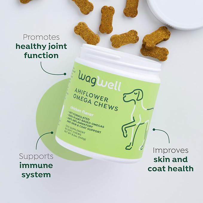 WagWell Ahiflower Omega Oil Dog Chews & Calming Chews Bundle - Skin, Coat, Hip and Joint Supplement for Dogs - Anxiety Relief