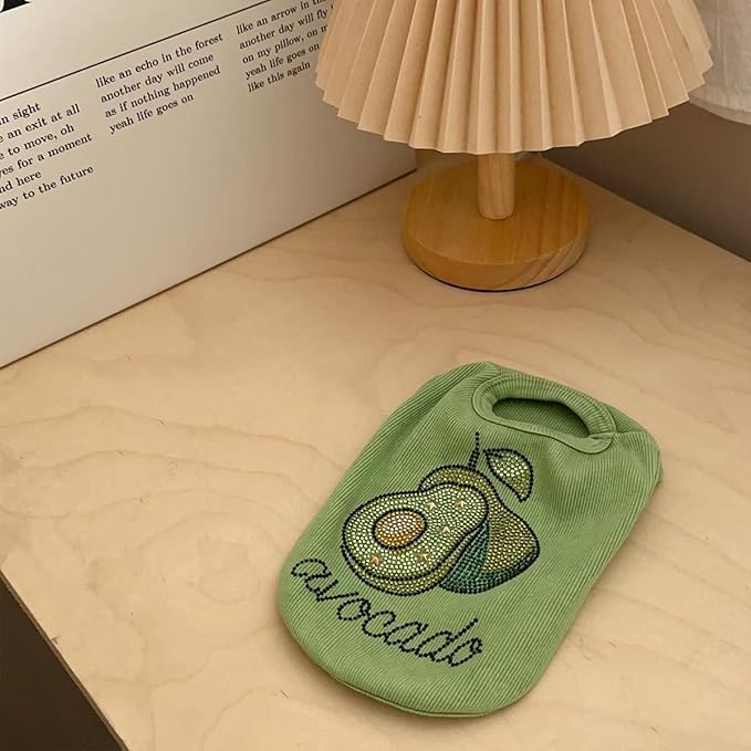 Washed Cotton Pet Vest with Rhinestone Fruit Designs, Soft & Stylish Small Dog Cat Vest for Spring Summer, Breathable & Shiny (Green-Avocado, X-Small)