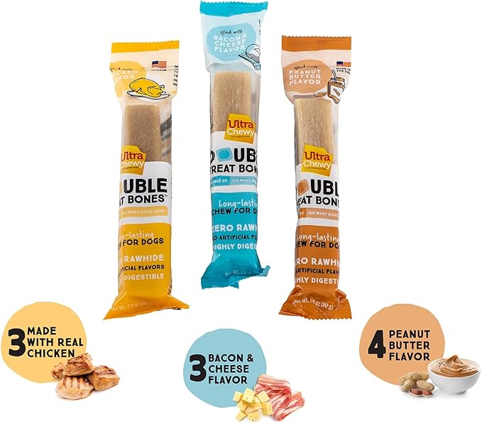Ultra Chewy Peanut Butter, Chicken, Bacon and Cheese Flavors: Long-Lasting Treats Made in USA for Large and Small Breeds, Highly Digestible, for Aggressive Chewers (Favorite Flavors, 10 Count)