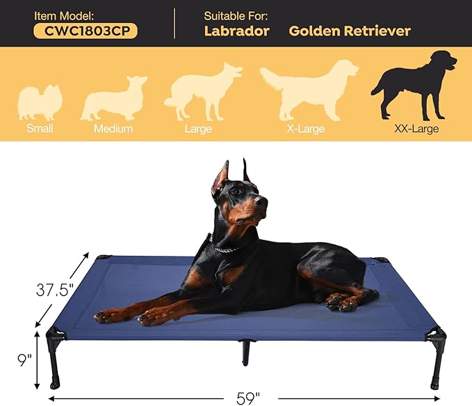 Veehoo Outdoor Elevated Dog Bed Large Sized Dogs, XXL Cooling Raised Dog Cots Beds Training Platform Off Ground Hammock with Breathable Mesh, No-Slip Feet, 59"x37.5", Blue