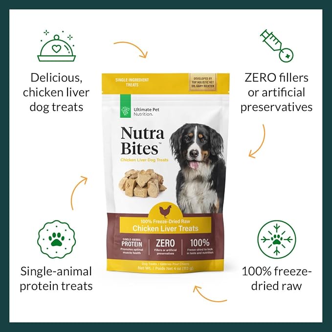 ULTIMATE PET NUTRITION Nutra Bites Freeze Dried Raw Single Ingredient Training Treats Food Topper for Dogs, 4 Ounces, Chicken Liver