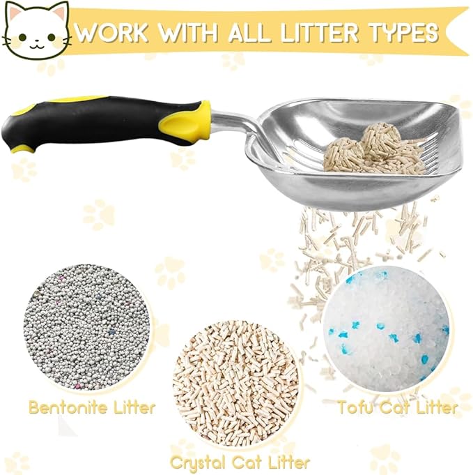 Cat Litter Scoop, Metal Cat Scooper, Rubber Handle Scoop, Sifting Shovel – Heavy Duty Aluminum Alloy Litter Box Scoop with Deep Mesh, Design for Easy Waste Removal and Cleaning(Yellow)