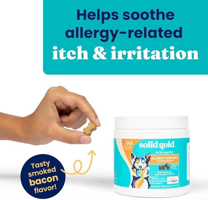 Solid Gold Dog Allergy Relief Chews - Dog Itching Skin Relief & Seasonal Allergies Support - Alaskan Salmon Oil for Dogs Skin, Coat & Immune Support - Bacon Flavor Soft Allergy Chews for Dogs -120ct