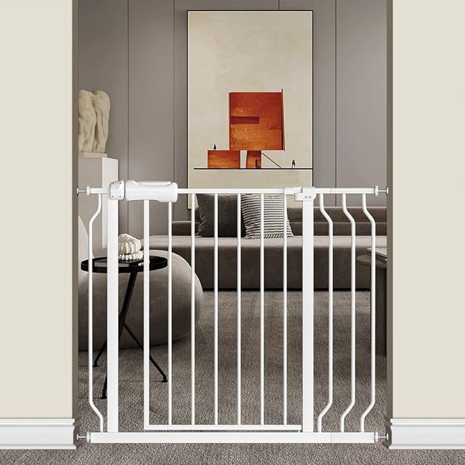 TSAYAWA Extra Wide Baby Gate with Door,33.8-38.5 Inch Walk Through Large Long Child Gates for Stair Doorway - Indoor Outdoor Safty Gate for Toddler Pet Dog Doggie White