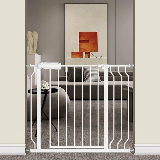 TSAYAWA Extra Wide Baby Gate with Door,33.8-38.5 Inch Walk Through Large Long Child Gates for Stair Doorway - Indoor Outdoor Safty Gate for Toddler Pet Dog Doggie White