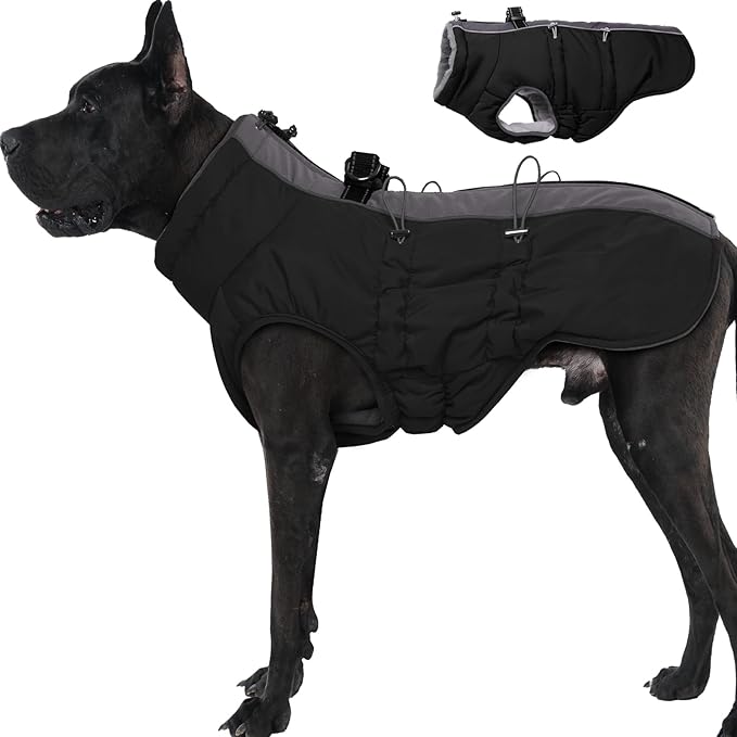 Dog Coat Winter Warm Dog Jackets for Large Dogs Reflective Snowsuit with Harness Fleece Dogs Snow Jacket Waterproof Pet Clothes for Cold Weather