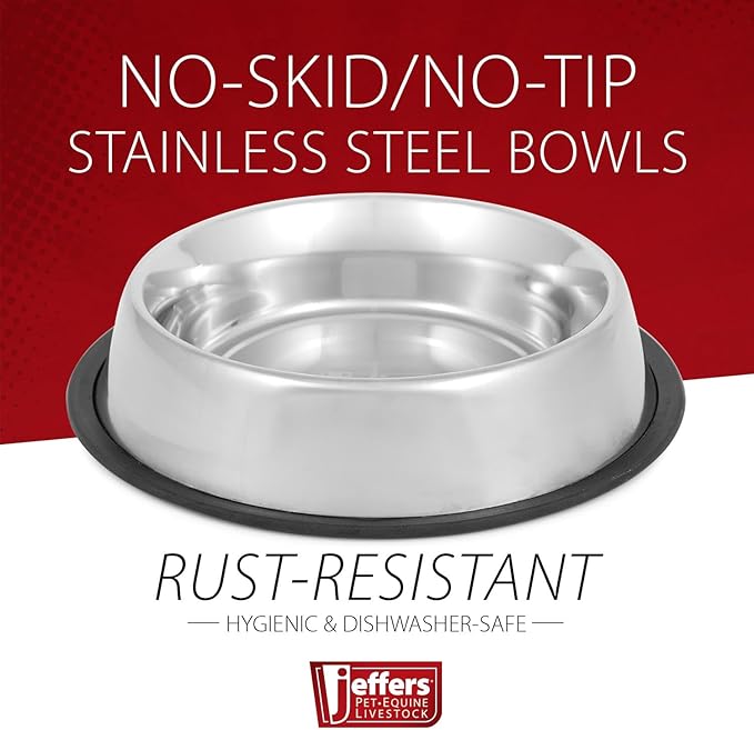 Jeffers Pet Stainless Steel Dog Bowl – No Skid, No Tip Food & Water Bowls for Puppies, Small, Medium, Large Breeds – Heavy Duty, Dishwasher Safe Feeder for Indoor, Outdoor, Travel Use – 1 Quart