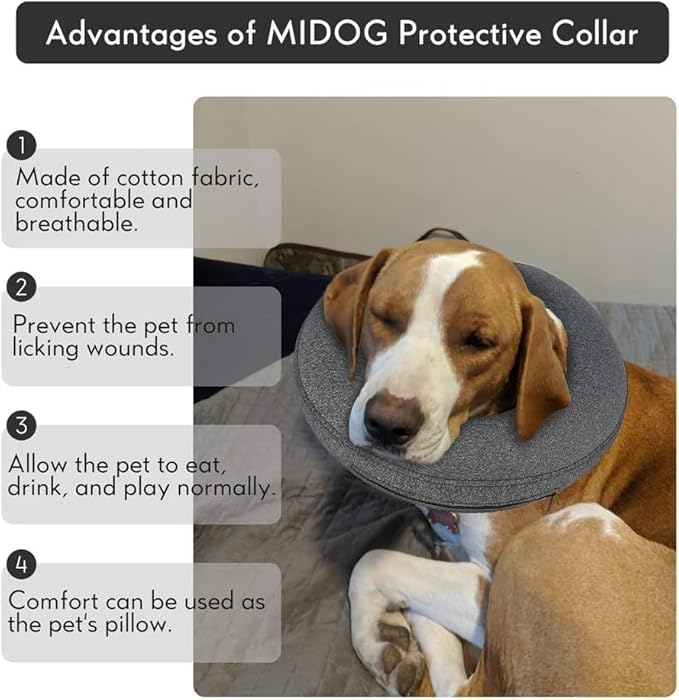 MIDOG Inflatable Dog Cone Alternative for After Surgery - Soft Protective Donut Collar Prevents Licking & Allows Eating, Comfortable Recovery E-Collar Alternative for Small Medium Large Dogs (Gray,M)
