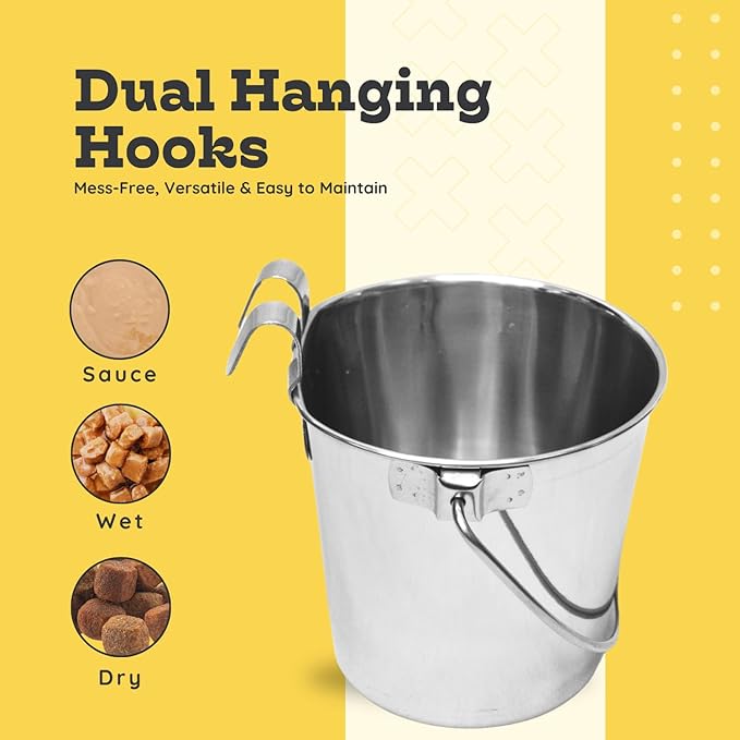 1 Quart Stainless Steel Flat Sided Pail with Dual Hooks | Hanging Bucket for Dog, Cat, Bird & Small Animals | Durable Food & Water Bowl Fits Kennels, Crates & Cages | Multipurpose Use