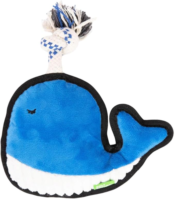 Only Natural Pet Sea Creatures Recycled Plush Dog Toys - Durable Double-Stitched Design with Internal Squeaker, Rope Tug Blow Hole & Ribbed Belly - Squeaky Pet Toy | Winston The Whale, 8.5" x 7.5"