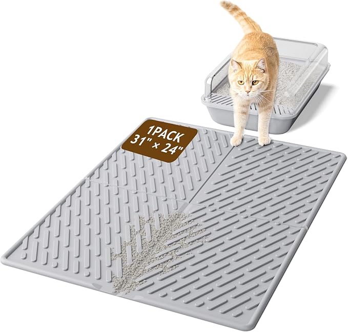 Cat Litter Mat with Grooves & Raised Edge, Urineproof/Waterproof, Litter Scattering Control, Easy to Clean (31 * 24in-Grey-1 Pack)