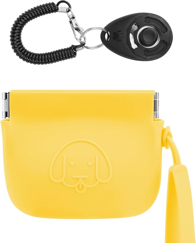 WALLFID Silicone Dog Treat Pouch Small Bag,Auto Closure,with Pet Training Clicker,Walking Bag for Dog and Cat,Pocket Size,Easy to Clean,Odorless (yellow)…