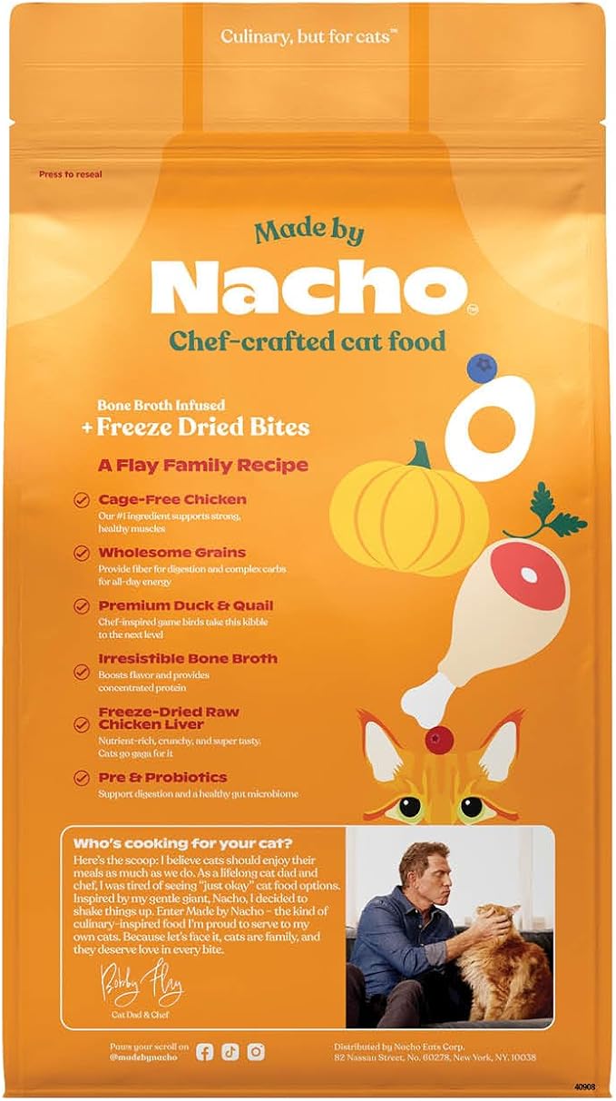 Made by Nacho Dry Cat Kibble 2lb Bag, High Protein Premium Cat Food with Freeze-Dried Pieces, Cage-Free Chicken, Duck & Quail, Limited Ingredients, Single Bag