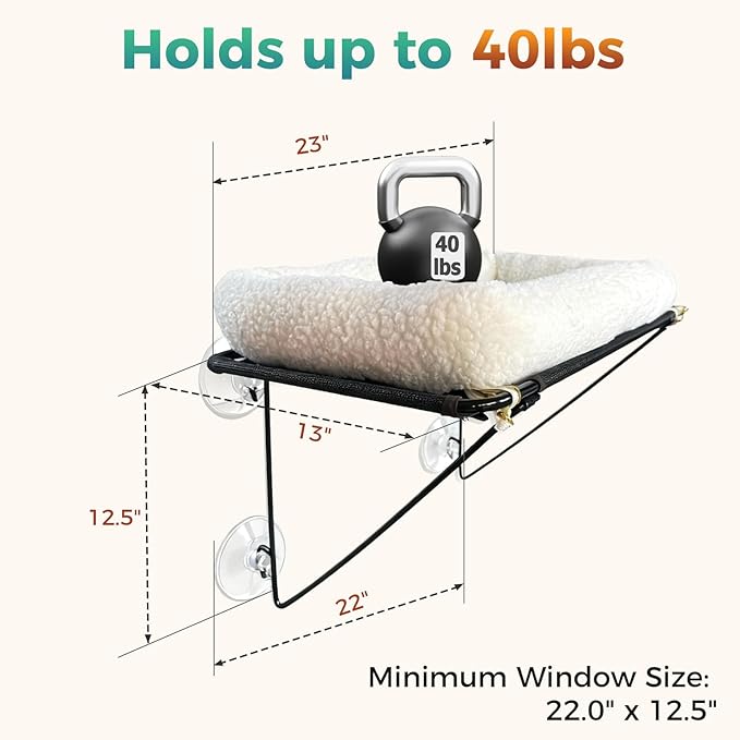 Cat Window Perch, Cordless Cat Hammock Window Seat with Sturdy Metal Frame Supports and 4 Strong Suction Cups (White, Short Hair)