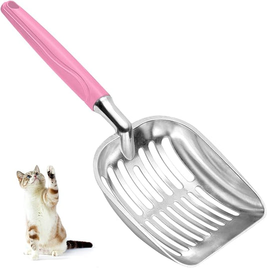 Cat Litter Scoop, Metal Cat Scooper, Plastic Handle Scoop, Sifting Shovel – Heavy Duty Aluminum Alloy Litter Box Scoop with Deep Mesh, Design for Easy Waste Removal and Cleaning(Pink)