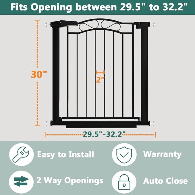 Black Baby Gate with Door-Walk Through Baby Gates for Stairs Pressure Mounted no Drill-Indoor Tension Metal Child Pet Dog Safety Gate 29.53"-32.28" Wide