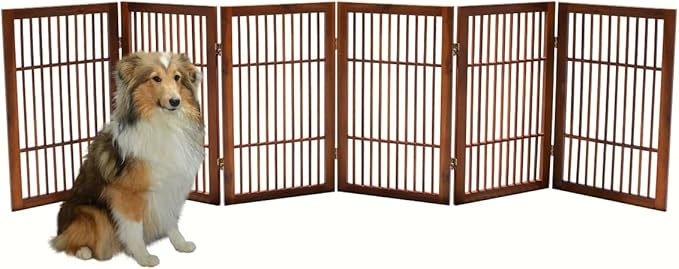 Pet Dog Gate Strong and Durable Freestanding Folding Acacia Hardwood Portable Wooden Fence Indoors or Outdoors by Urnporium (Brown Pet Gate, 6 Panel 30" Tall)