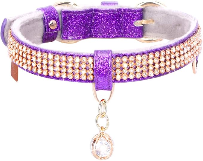 PetsHome Cat Collar, Dog Collar, [Bling Rhinestones] Premium PU Leather with Pendant Adjustable Collars for Cat and Small Dog Extra Small Purple