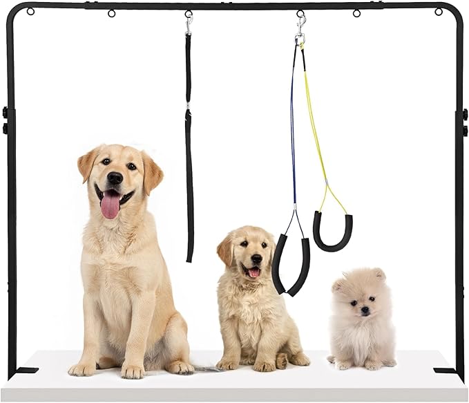 Adjustable Dog Grooming Arm for Table, 30" to 42" Height & 44" to 58" Width, Clamp Fits Up to 2.6", with 2 No-Sit Nooses, Heavy Duty Pet Grooming Restraint for Nail Trimming, Drying & Grooming at Home