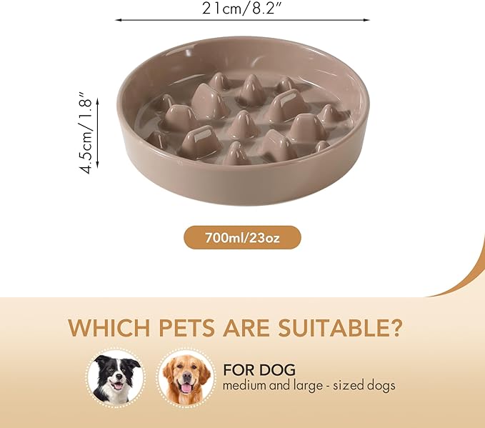 Ceramic 8.2 inch Dog Bowl Slow Feeder, Slow Pet Food Dish for Medium and Large Dog, Stop Bloat, Preventing Choking(Single Bowl, Brown Coffee)