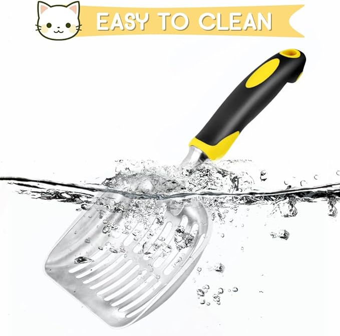 Cat Litter Scoop, Metal Cat Scooper, Rubber Handle Scoop, Sifting Shovel – Heavy Duty Aluminum Alloy Litter Box Scoop with Deep Mesh, Design for Easy Waste Removal and Cleaning(Yellow)
