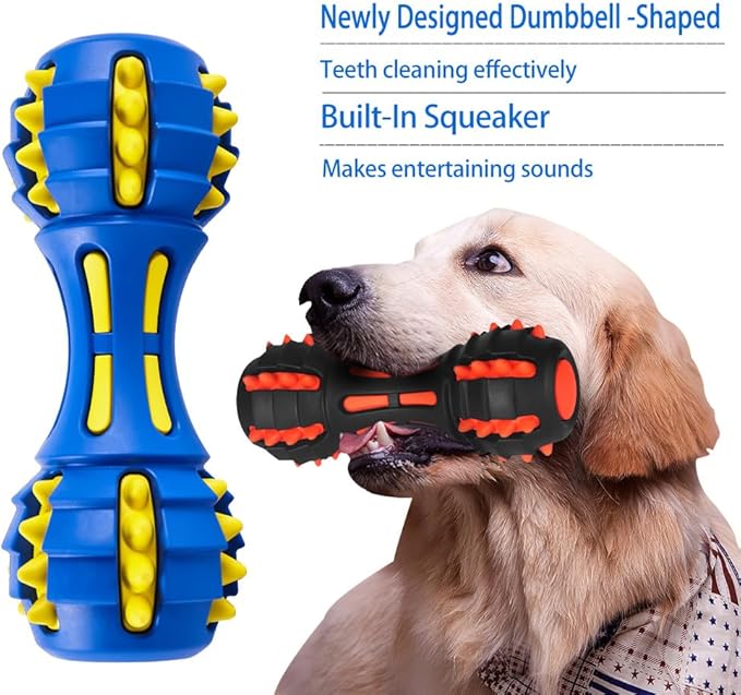 AUSCAT Teething Dog Toys, Durable Squeaky Dog Toys, Rubber Chew Toys for Dogs, Dumbbell Shape, Blue and Black