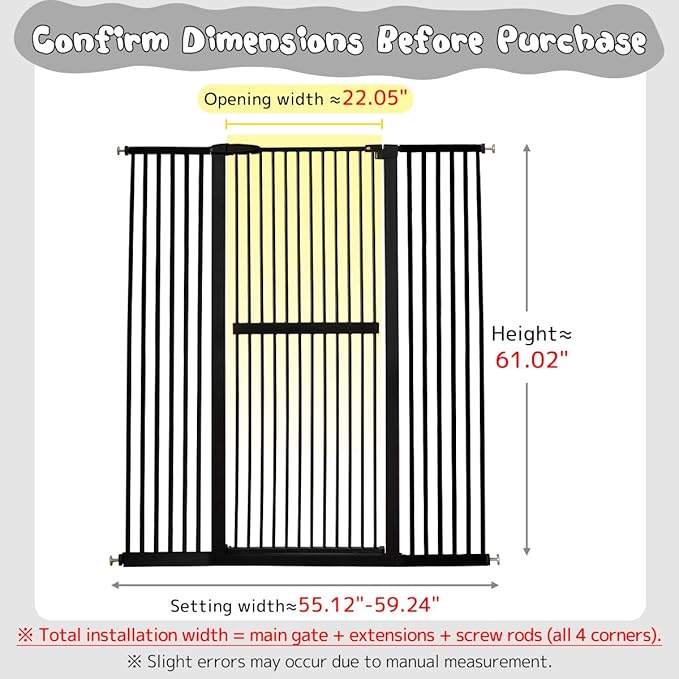 Lumizone Extra Tall Cat Gate 61.02" High Pressure Mounted Extra Wide 55.12"-59.24" (17Sizes) 1.37" Gap No Drilling Auto-Close Tall Pet Gate for Dogs (Black, 55.12"-59.24"/140-150cm)