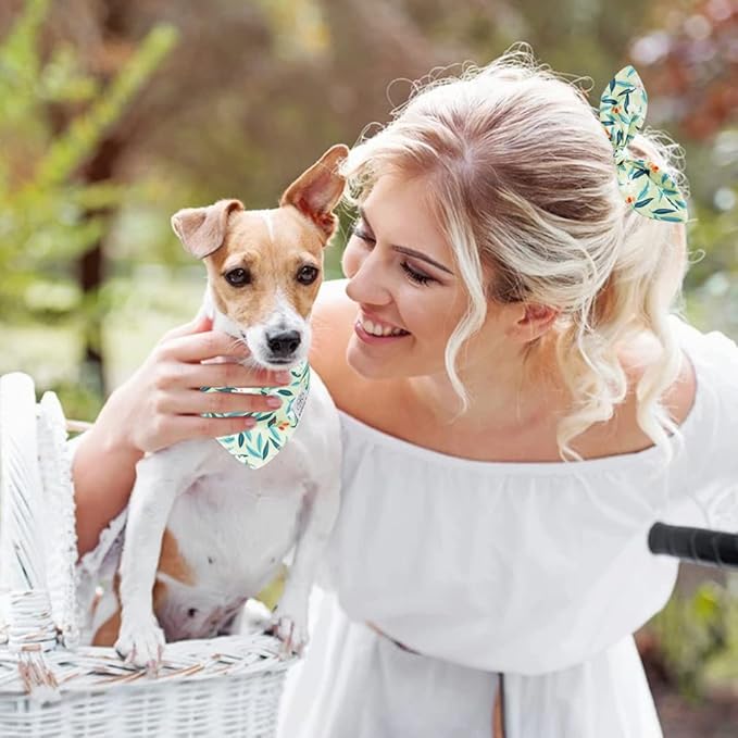 E-Clover Dog Bandanas & Matching Scrunchie Set Girl Dog Bandana Scarf Washable Kerchief Bibs for Small Dogs Puppy Pet Owner Birthday Gift Green