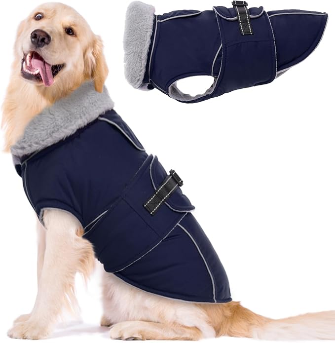 Lelepet Warm Dog Coat Reflective Fleece Vest Waterproof Dog Jacket with Adjustable Buckle Hook & Loop Windproof Cold Weather Coats for Small Medium Large Dogs, Navy Blue, XXXL