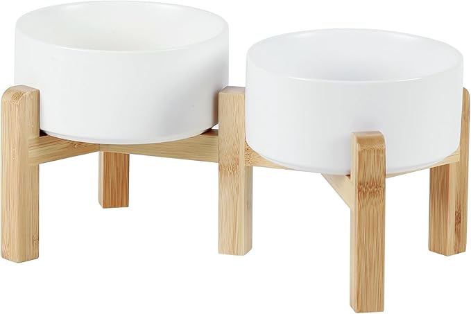 Ceramic Raised Double Bowls Set with Stand, 2 Heights Elevated, Food & Water Bowls for Small Breed Dogs, Weighted Dog Dishes, Pet Bowl(6.1'',28.7oz, White)