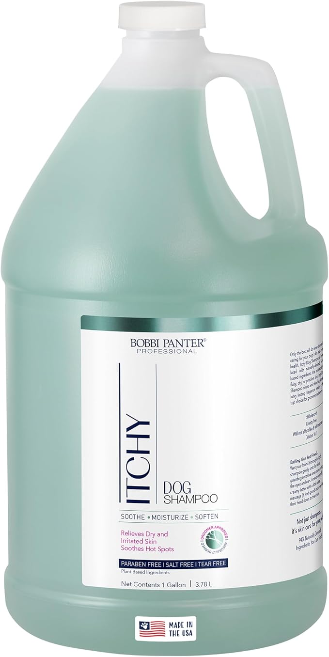 Bobbi Panter Dog Shampoo - Made in USA - All Natural Formula for Itch Relief & Soothing Skins, Concentrated 16:1 for Professional Groomers - Green Apple Scent, 1 Gallon