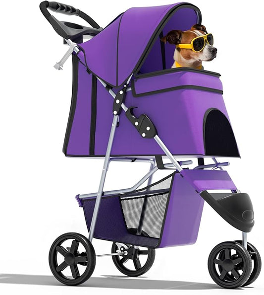 Magshion 3-Wheel Pet Stroller, Foldable Travel Jogger for Small & Medium Dogs & Cats (Up to 33lbs), Lightweight Carrier with Breathable Mesh Cover, Cup Holder & Storage Basket, Purple