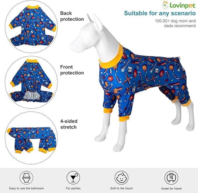 LovinPet Large Dog Onesies for Surgery Recovery, Dog Pajamas for Large Dogs,Lightweight Stretchy Fabric,Blue Sports Print,Dog Pajamas for Surgery Recovery, Easy to Wear, Onesies for Dogs, XL