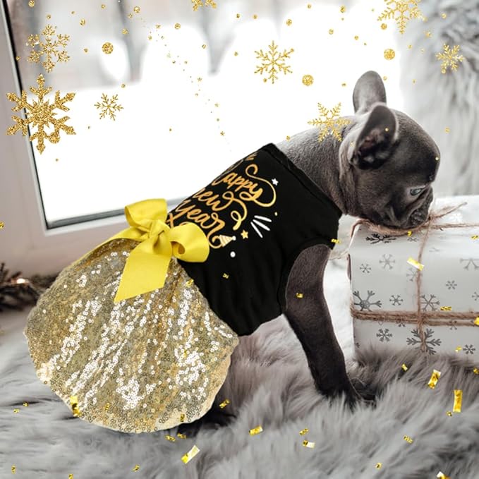 Happy New Year Outfit - Dog Dresses & Costumes for Small & Large Dogs, Funny Puppy Dress with Bow for Holidays & Occasions