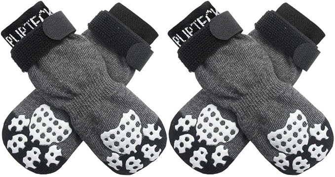 PUPTECK Anti-Slip Dog Socks with Double Sides Grips for Small Medium Large Dogs Hardwood Floors Prevents Licking, Dog Shoes for Hot Pavement Traction Control Paw Protector for Senior Dogs, Grey XXS