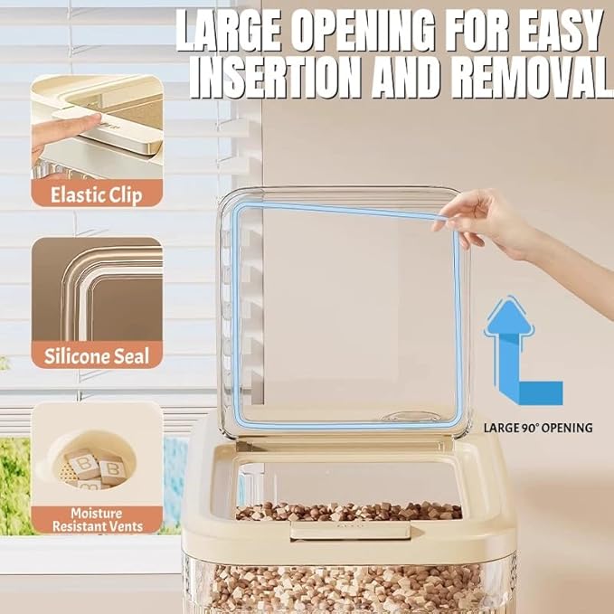 Dog Food Storage Container,2025 High-Capacity Pet Food Container Airtight with Cup,Durable Design for Dog/Cat/Bird Food Storage, Keep Dry Food Fresh (Transparent, 30 Pounds)