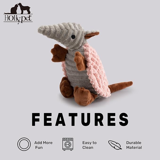 Hollypet Plush Dog Squeaky Toy Stuffed Armadillo Animal Pet Puppy Chew Toys with Clean Teeth for Small Medium Large All Breed Sizes Dogs, Light Pink, 8 in