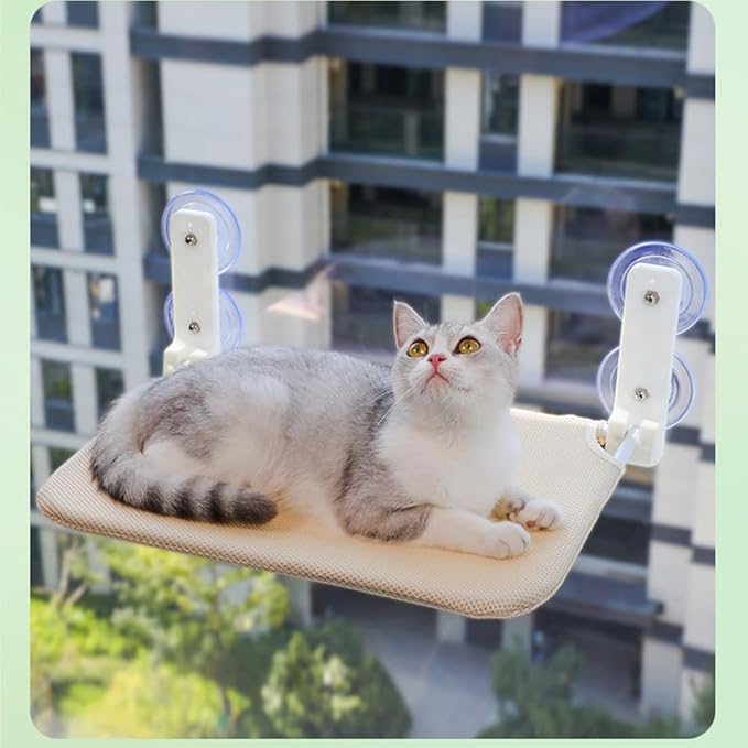 Foldable Cat Window Hammock with Dual Heavy-Duty Suction Cups - Plush Mesh Bed & Jumping Perch for Indoor Cats, Wall Mounted Space-Saving Design (Grey)