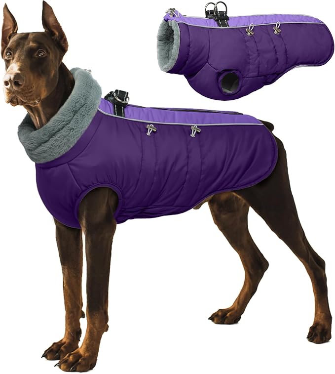 IDOMIK Warm Dog Coat with Harness, Waterproof Reflective Dog Jackets for Small Medium Large Dogs, Fleece High Collar Winter Jacket with Zipper, Pet Winter Snowsuit Clothes for Cold Weather,Purple 2XL