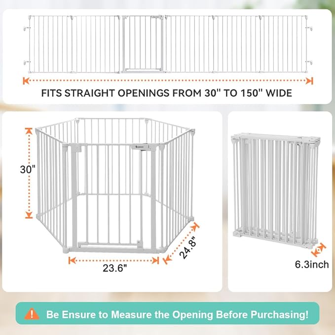 COMOMY 150" Extra Wide Baby Gate With Door - Auto Close Fence Play Area for House Doorways, Fireplace - Walk Through Pet Gate, Hardware Mounted, 6-Panels (30" Tall, White)