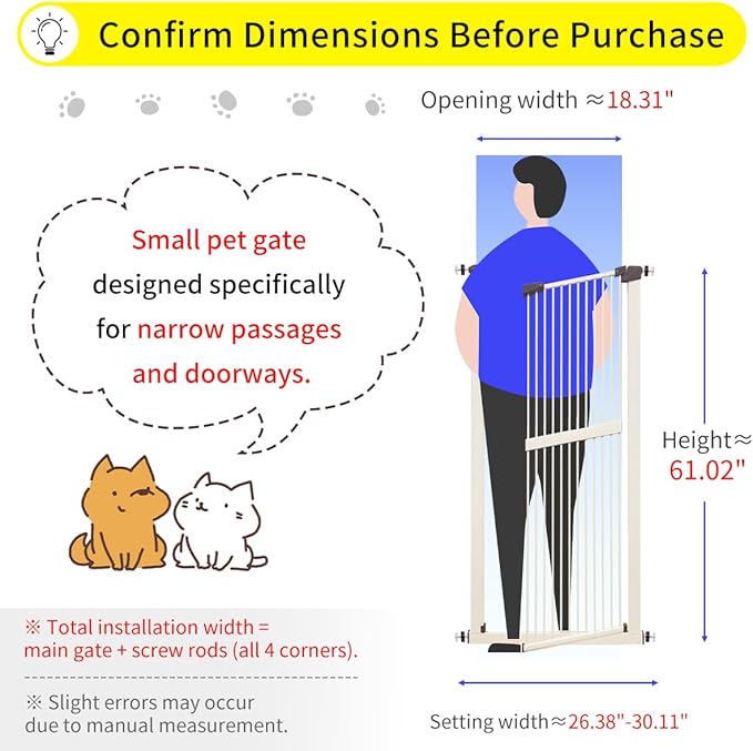 Lumizone Extra Tall Cat Gate 61.02" High Pressure Mounted Extra Wide 26.38"-30.11" (17Sizes) 1.37" Gap No Drilling Auto-Close Tall Pet Gate for Dogs (Cream, 26.38"-30.11"/67-76cm)